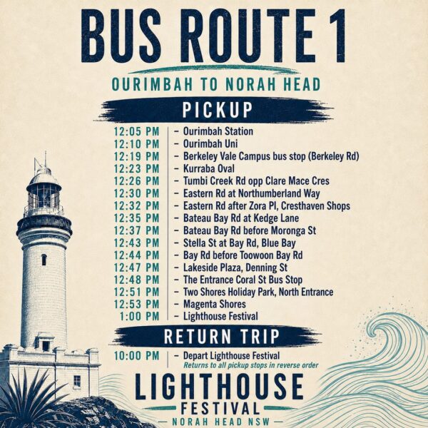 Lighthouse Festival 2026 Bus Route 1 – Ourimbah to Norah Head