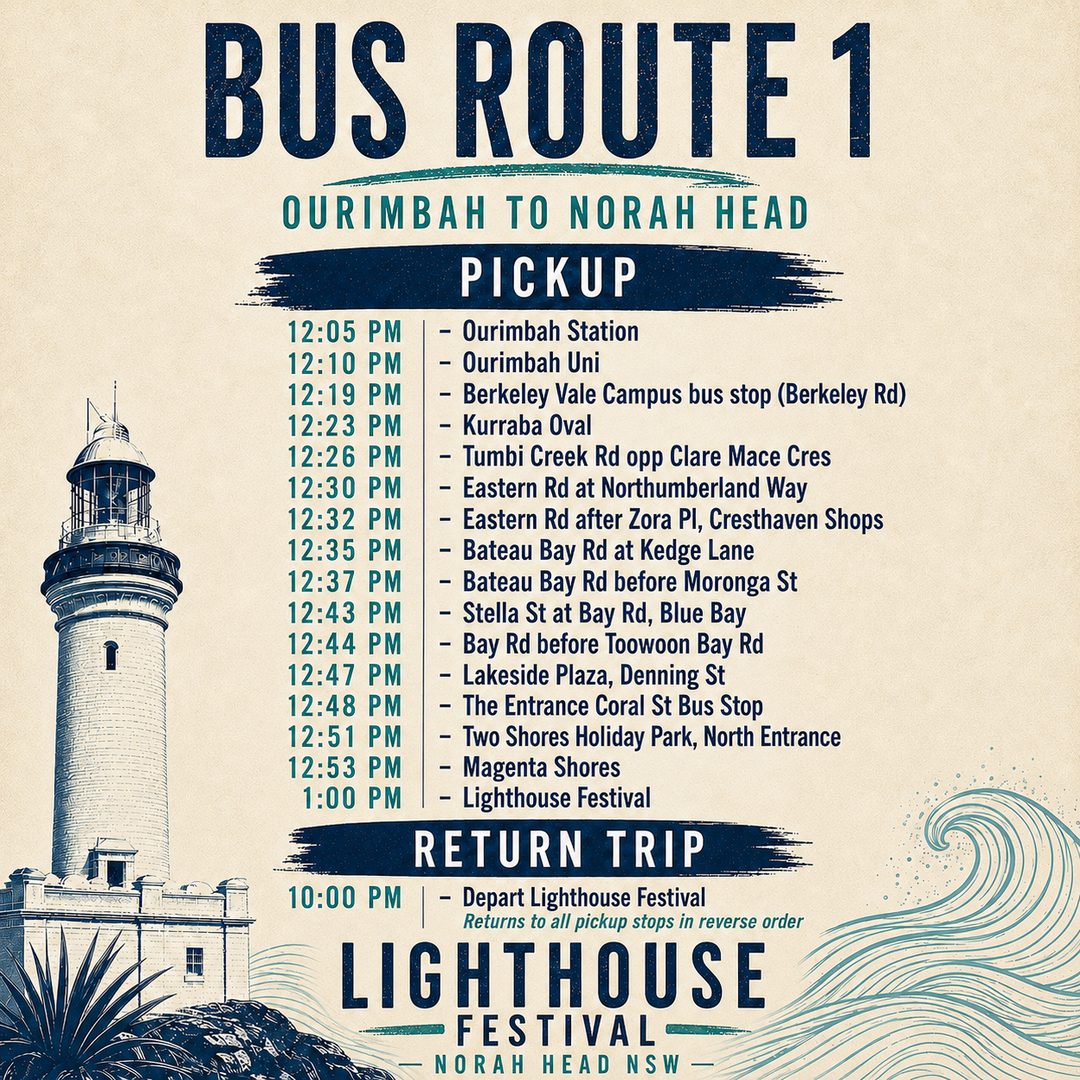 Route 1 timetable: Ourimbah to Lighthouse Festival. Pickup times are also listed in the expandable timetable above.
