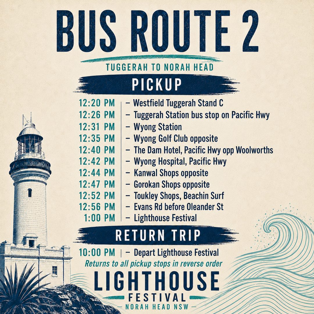 Route 2 timetable: Tuggerah to Lighthouse Festival. Pickup times are also listed in the expandable timetable above.