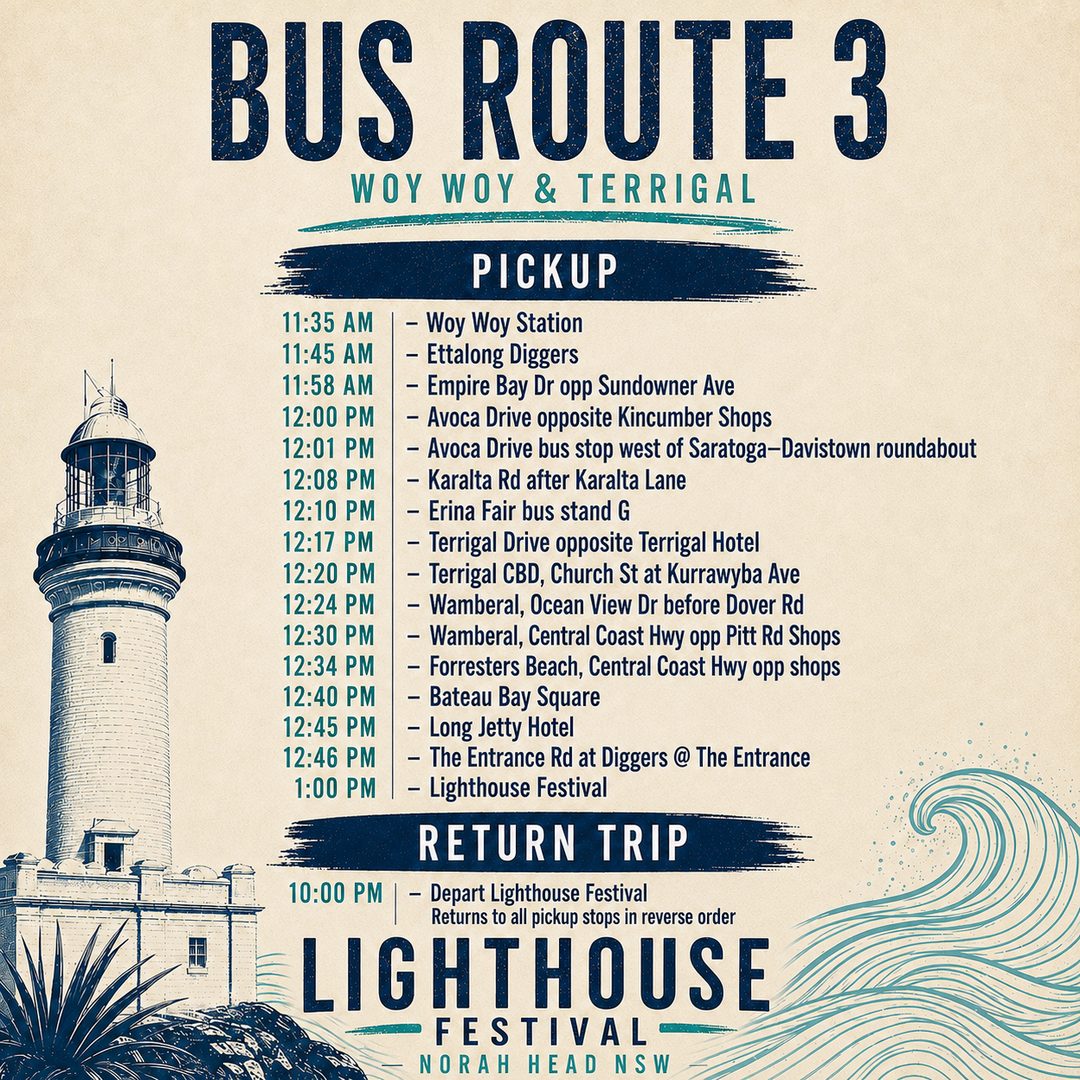 Route 3 timetable: Woy Woy and Terrigal to Lighthouse Festival. Pickup times are also listed in the expandable timetable above.