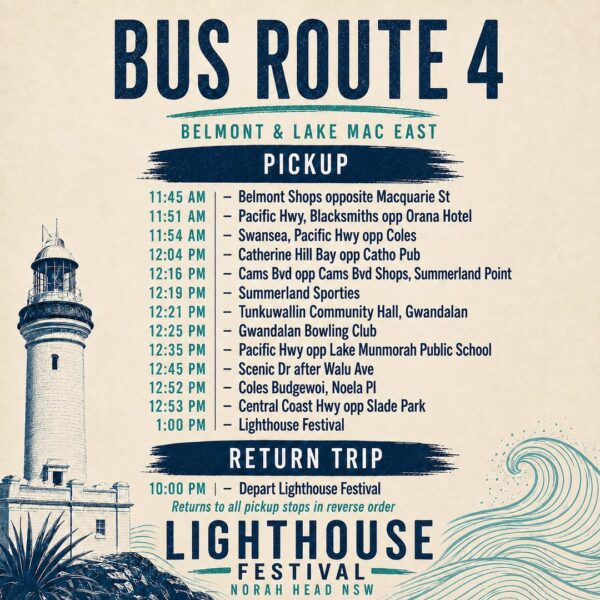 Lighthouse Festival 2026 Bus Route 4 – Belmont & Lake Mac East