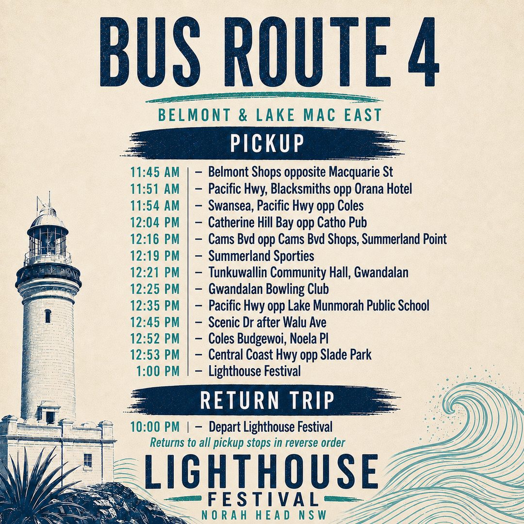 Route 4 timetable: Belmont and Lake Mac East to Lighthouse Festival. Pickup times are also listed in the expandable timetable above.