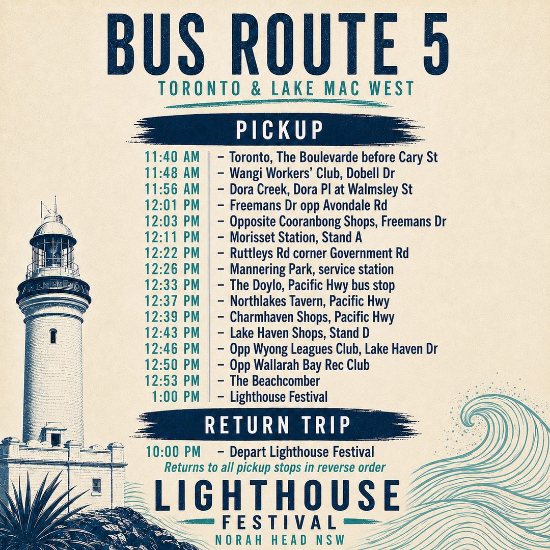 Route 5 timetable: Toronto and Lake Mac West to Lighthouse Festival. Pickup times are also listed in the expandable timetable above.